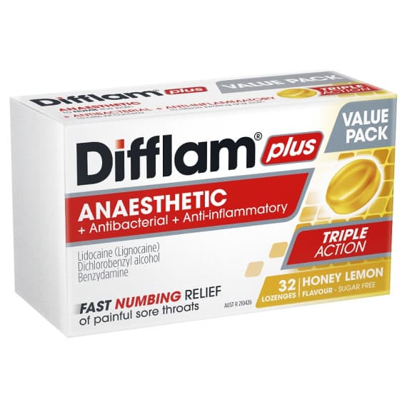 Difflam Plus Anaesthetic Sore Throat Lozenges Honey And Lemon Flavour 32 Pack
