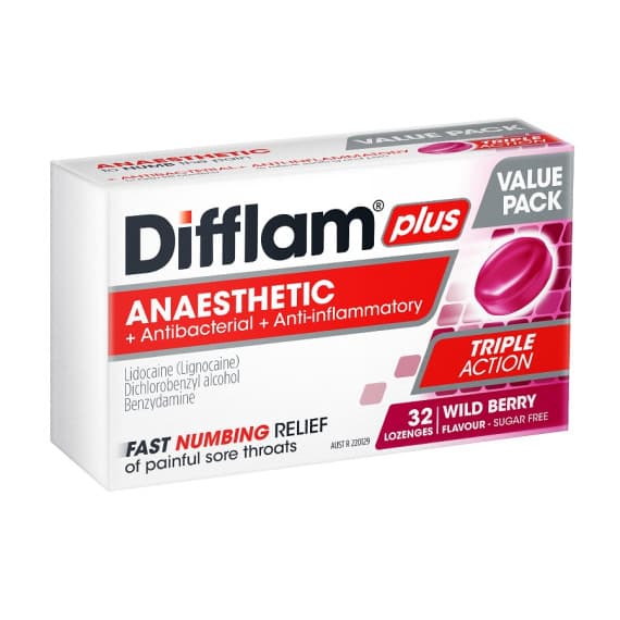 Difflam Plus Anaesthetic Sore Throat Triple Action Lozenges Berry Flavour Value Pack 32 Lozenges
