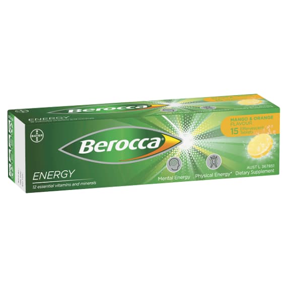 Buy Berocca Energy Vitamin B and C Mango and Orange Flavour Effervescent Tablets 15 Pack Online Pharmacy Direct AU