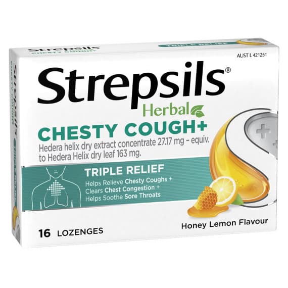 Strepsils Herbal Chesty Cough plus Triple Relief Lozenges Honey Lemon 16s
