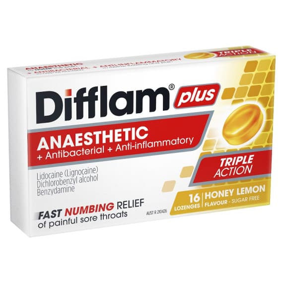 Difflam Plus Sore Throat Lozenges + Anaesthetic Honey & Lemon 16 Lozenges