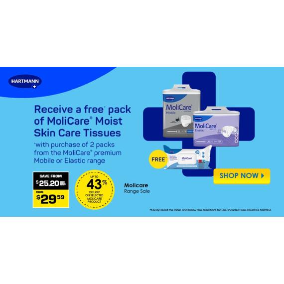 Buy FREE pack skin care tissue automatically added to cart when you buy any 2 MoliCare Premium and Elastic range. Online Pharmacy Direct AU
