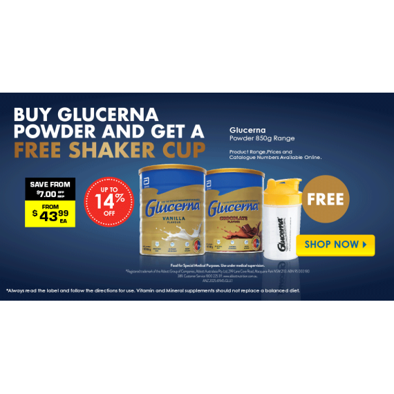 Buy FREE Shaker Cup Automatically Added to Cart When you buy Glucerna 850g Online Pharmacy Direct AU