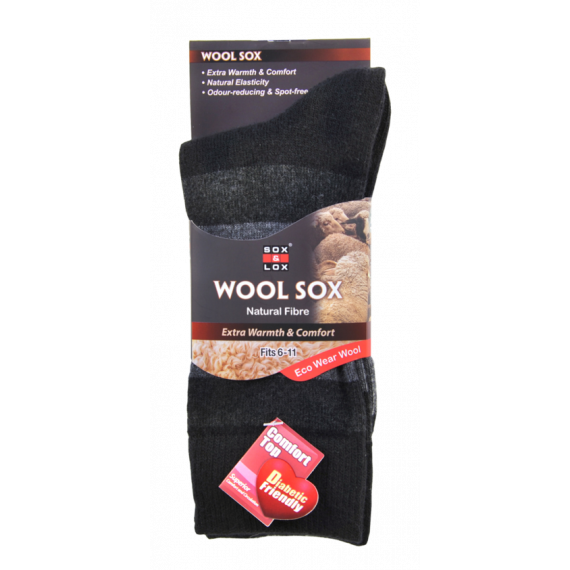 Sox & Lox Mens Business Diabetic Friendly (Wool) Socks 3-Toned Black (Size 6 - 11)