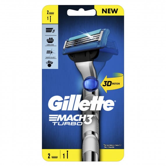 Gillette Mach3 Turbo Razor 1 Handle + 2 Cartridges - Smooth Shave - Pharmacy Direct