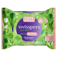 Swisspers Eco Sensitive Biodegradable Facial Wipes Twin Pack (2 X 25 Wipes)