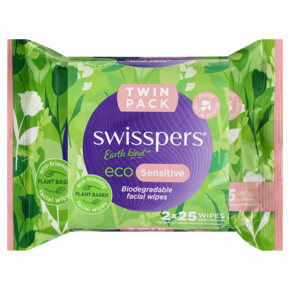 Swisspers Eco Sensitive Biodegradable Facial Wipes Twin Pack (2 X 25 Wipes)