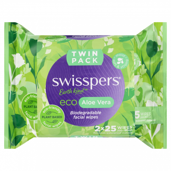 Swisspers Eco Aloe Vera Biodegradable Facial Wipes Twin Pack (2 X 25 Wipes)