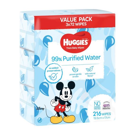 Huggies Thick Baby Wipes 99% Purified Water 3 x 72 Pack