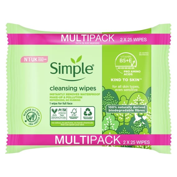 Simple Kind To Skin Biodegradable Cleansing Wipes 50 Pieces - Pharmacy Direct