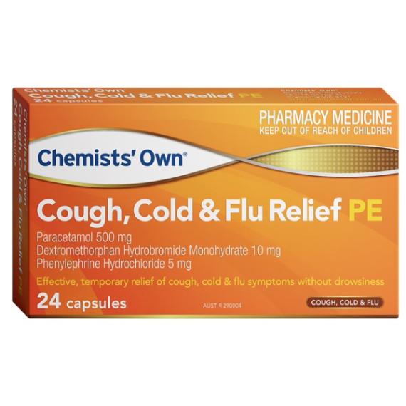 Buy Chemists Own Cough Cold and Flu Relief PE 24 Capsules Expiry Date 02/26 Online Pharmacy Direct AU