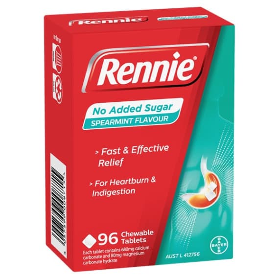 Buy Rennie No Added Sugar Indigestion and Heartburn Relief Spearmint 96 Chewable Tablets Online Pharmacy Direct AU