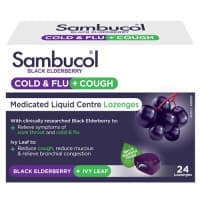 Sambucol Black Elderberry Cold and Flu Plus Cough Medicated Liquid Centre 24 Lozenges