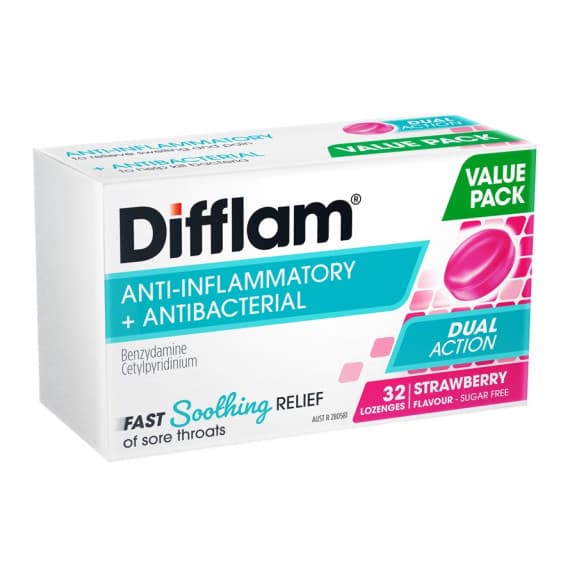 Difflam Sore Throat Dual Action Anti inflammatory plus Antibacterial Value Pack Strawberry Flavour 32 Lozenges