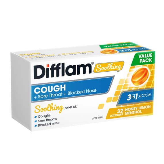 Buy Difflam Soothing Cough plus Sore Throat plus Blocked Nose Lozenges Honey Lemon Menthol 32 Lozenges Online Pharmacy Direct AU