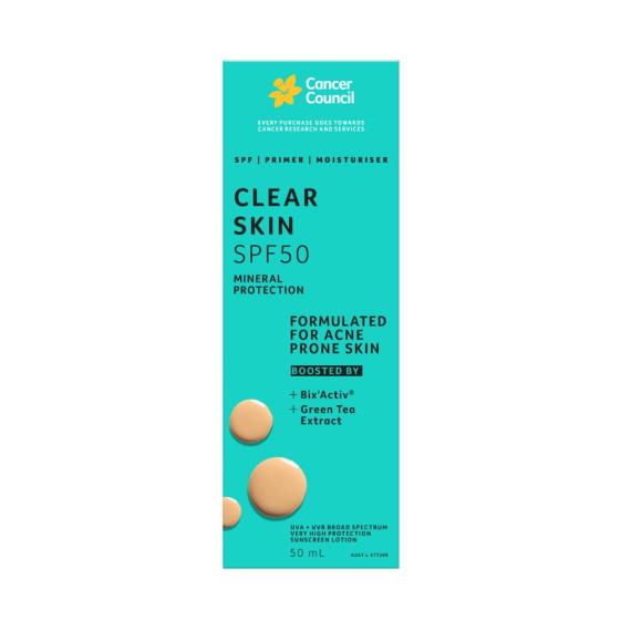 Cancer Council Clear Skin SPF50+ sunscreen 50mL for UV protection and oil-free care - Pharmacy Direct