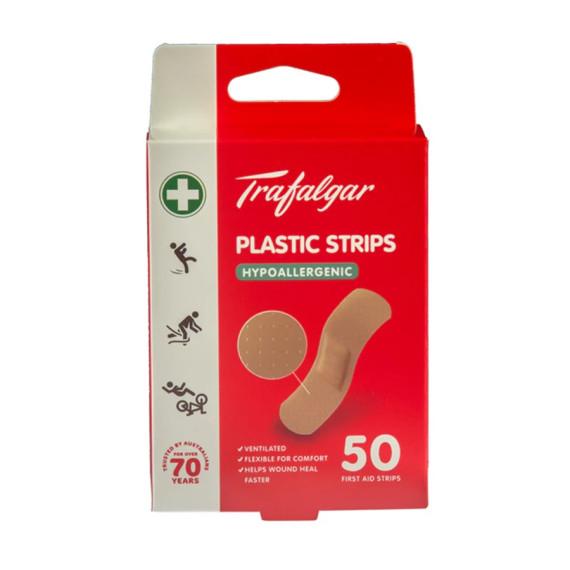 Trafalgar First Aid Plastic Strips Hypoallergenic 50 Pack – Gentle Care at Pharmacy Direct