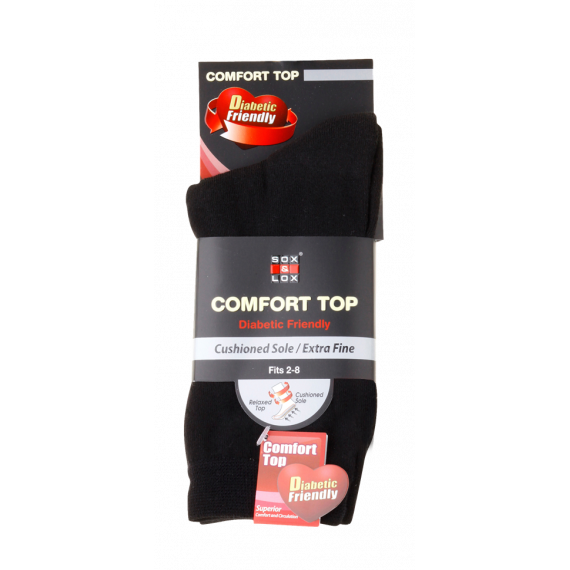 Sox & Lox Everyday Diabetic Friendly (Fine Cushioned) Socks Black (Size 2 - 8)