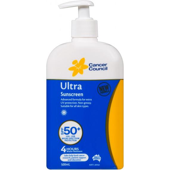 Cancer Council Ultra Sunscreen SPF50 Pump 500ml at Pharmacy Direct for maximum sun protection