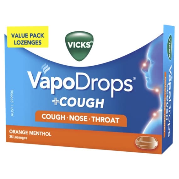 Buy Vicks VapoDrops Plus Cough Orange Menthol 36 lozenges Expiry Date 03/26 Online Pharmacy Direct AU