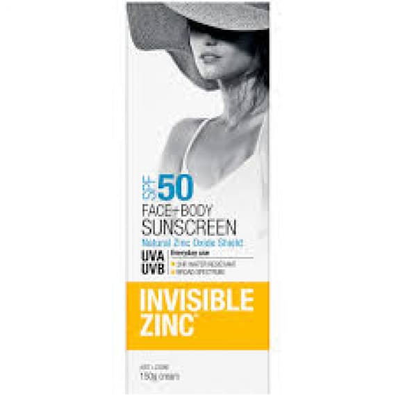 Invisible Zinc SPF50 sunscreen for face & body at Pharmacy Direct