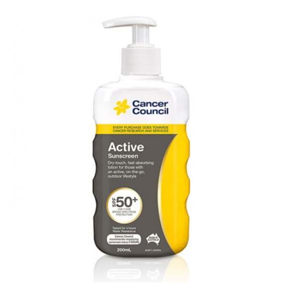 Cancer Council Active Sunscreen SPF50+ 200ml bottle at Pharmacy Direct