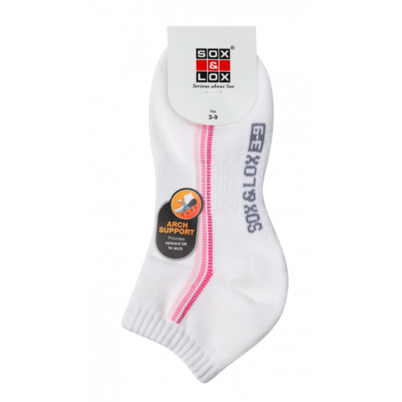 Sox & Lox Ladies Sports Cushioned Anklet (Arch Support) Socks White/Pink (Size 3 - 9)