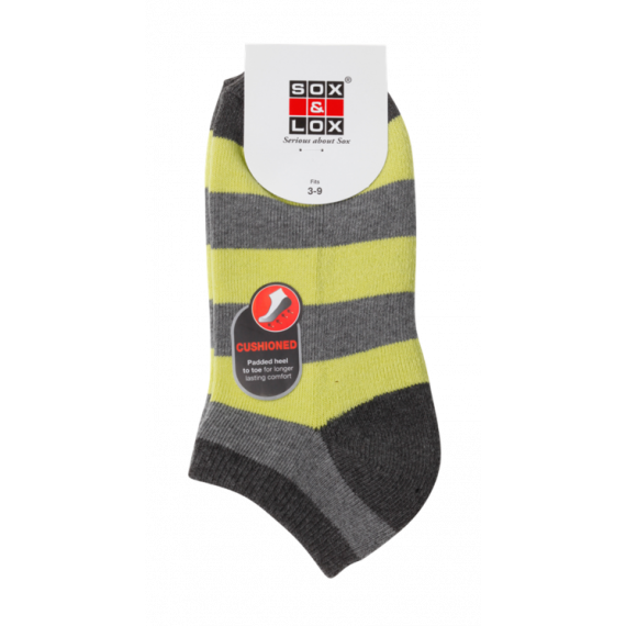 Sox & Lox Ladies Sports Cushioned Low Cut Socks Gray/Yellow Stripes (Size 3 - 9)