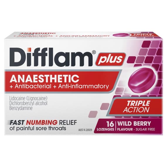 Difflam Plus Anaesthetic Sore Throat Berry Flavour 16 Lozenges