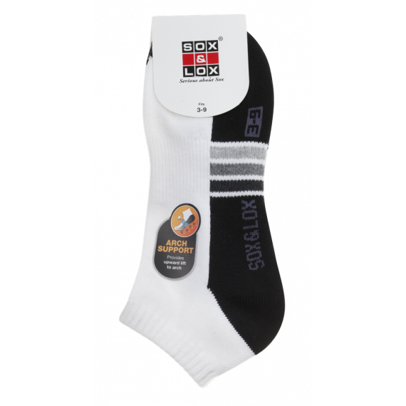 Sox & Lox Ladies Sports Cushioned Anklet (Arch Support) Socks White/Black (Size 3 - 9)