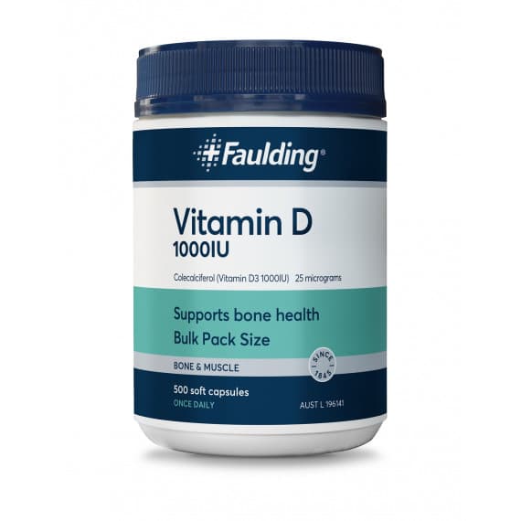 Faulding Vitamin D 1000 IU 500 capsules to support bone and immune health at Pharmacy Direct