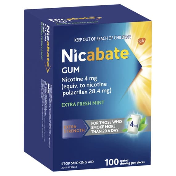 Nicabate Gum Stop Smoking Nicotine 4mg Extra Strength Extra Fresh Mint Coated Chewing Gum 100 Pack